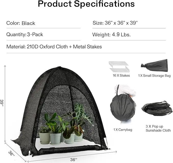 Porayhut Pop up Sunshade Cloth Pack of 3,Easy Open Crop Shade Net 36''*36''*39''UV Resisitant Plant 80% Sunblock Net for Mini Flower Pot with Stakes by GreenHaven Gardens
