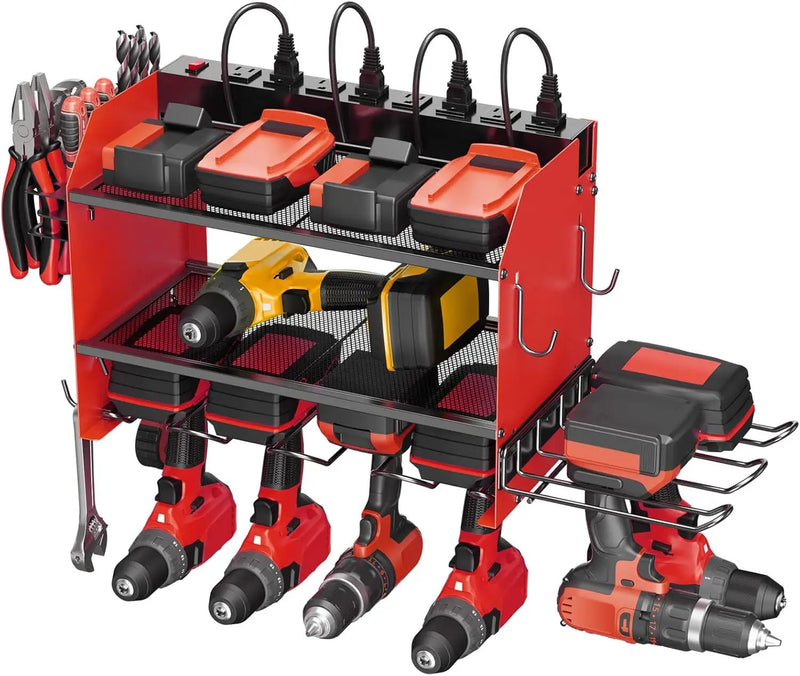 CCCEI Modular Power Tool Organizer Wall Mount Charging Station, Red 6 Drills Holder with 8 Plug Power Strip, Garage Drill Battery Heavy Duty Metal Shelf, Utility Rack with Hooks, Side Storage. by GreenHaven Gardens