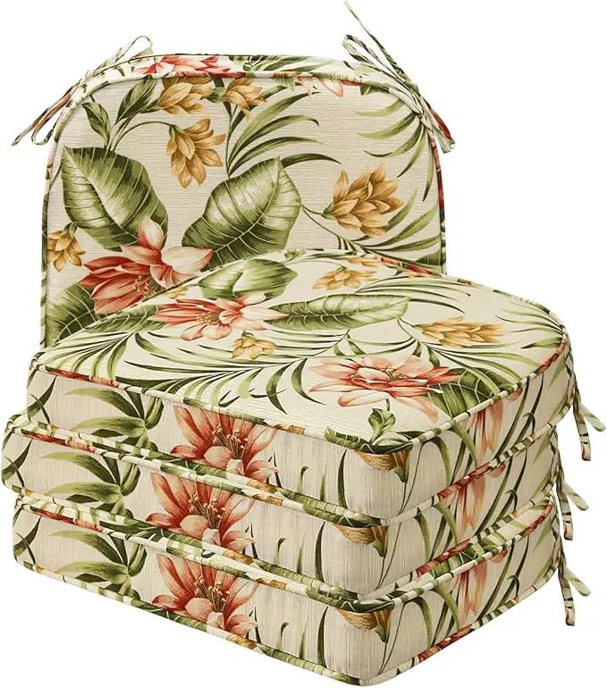 Round Corner Seat Cushions, 17" x 16" x 2", Set of 4, Indoor Outdoor Water Repellent Universal Chair Pads with Ties for Patio Furniture, Garden Deck Dining Chairs, Leaf and Flower by GreenHaven Gardens