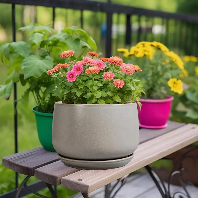 G EPGardening Ceramic Planter 9 Inch - Round Modern Plant Pots with Drainage and Plant Saucer Indoor Outdoor for Flower, Vanity Decor, House Gifts, Retro Grey by GreenHaven Gardens