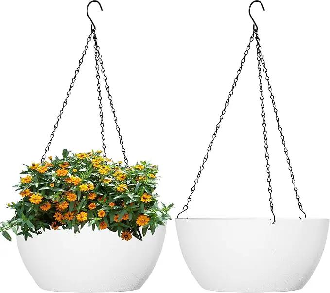 10 inch Hanging Planters for Outdoor Indoor Plants with Drainage Holes and Chain, 2 Pack Round Hanging Flower Plant Pots for Garden Home Porch Decor, White by GreenHaven Gardens
