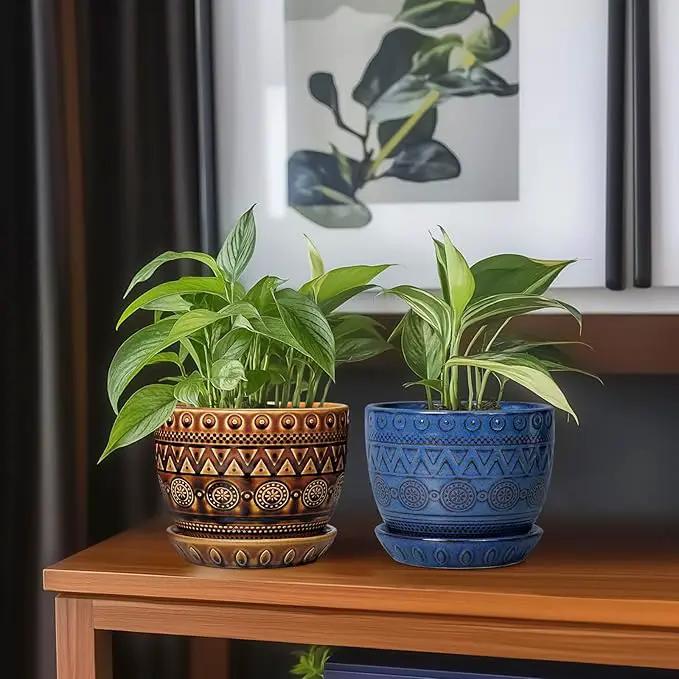 G EPGardening Ceramic Pot for Plants 5.5 Inch - Ceramic Plant Pot with Drainage Hole and Saucer, Boho Round Planter for Indoor Outdoor Plants, Plant Lover Gifts, Office Garden House Decor, Brown by GreenHaven Gardens