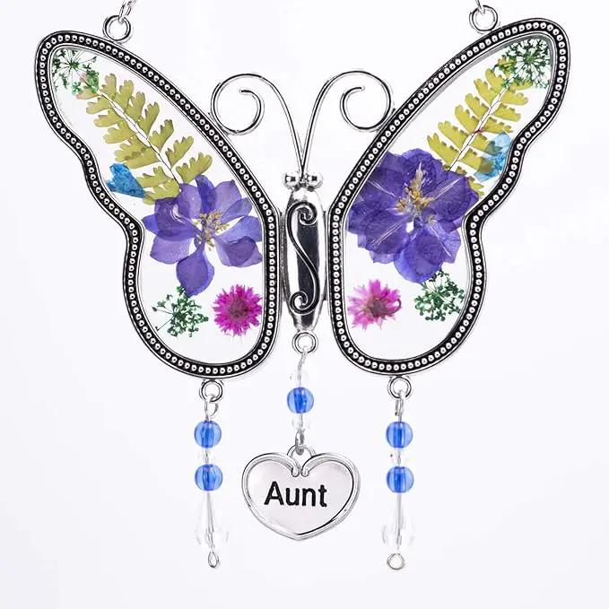 Laraine Butterfly Suncatcher with Pressed Flower Wings Mom Mother's Day Butterfly Glass Wind Chime Ornament Charm with Metal Heart Gifts for Mom Grandma Aunt Birthday (Purple Aunt (with Free Hook)) by GreenHaven Gardens
