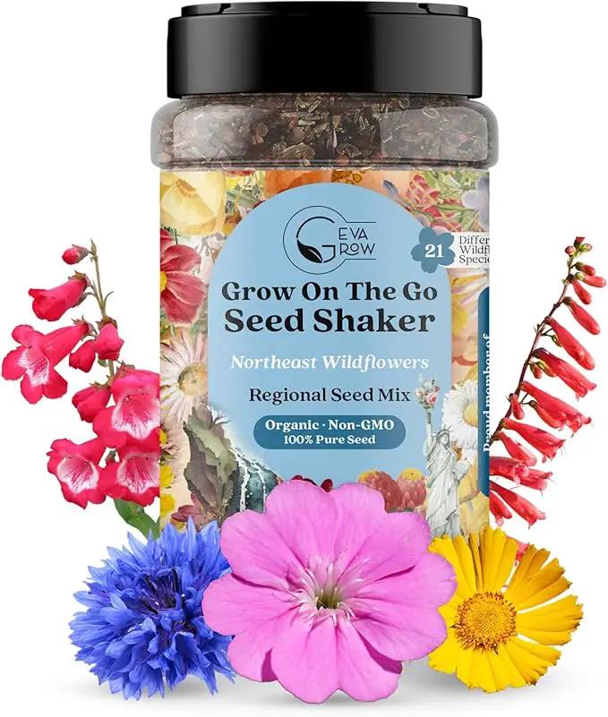 on The Go Regional Wildflower Seed Shaker - Northeast USA Wildflowers - 100% Pure Seed - Organic, Non-GMO - 21 Wildflower Variety Seeds of Annual & Perennial, 2oz by GreenHaven Gardens