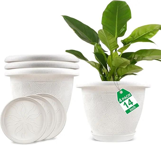 Plastic Flower Pots Planters for Indoor Plants, 4 Pack 14 Inch White Plant Pots with Drainage Hole & Tray, Modern Decorative Large Plant Pot with Saucer for Indoor Outdoor Plants Garden House Planter by GreenHaven Gardens
