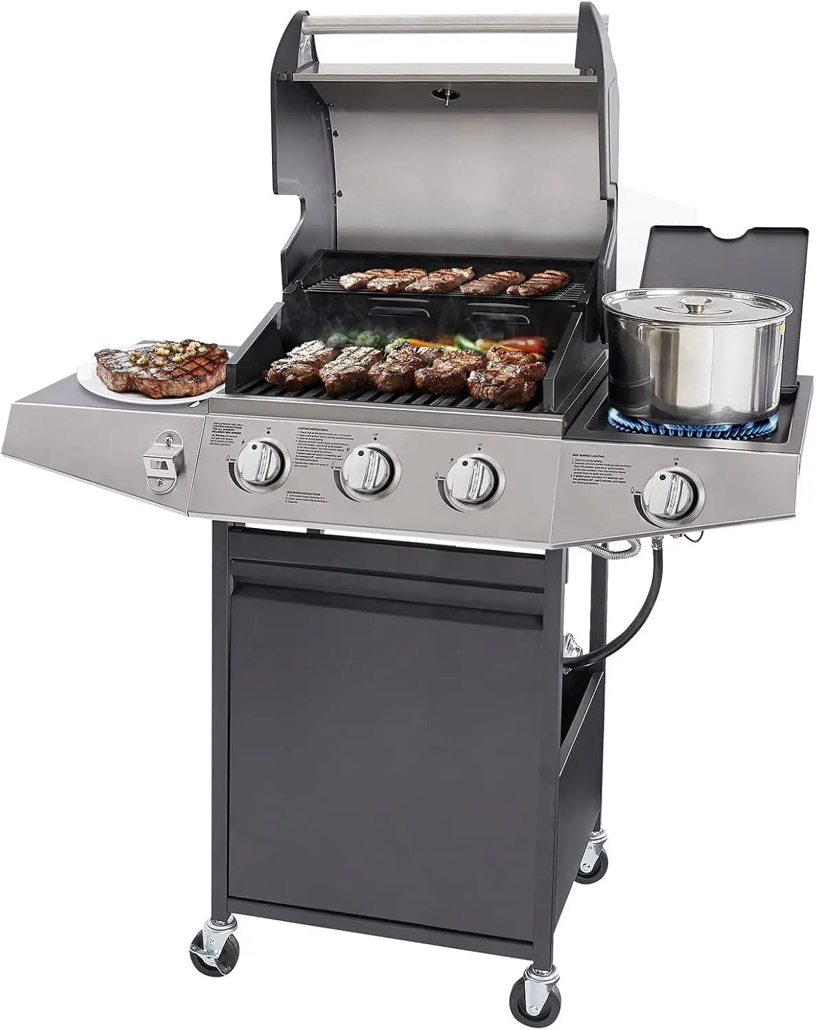 Unovivy 3-Burner Propane Gas Grill with Side Burner, Portable BBQ Grills with Oil Tray and Built-in Thermometer for Outdoor Barbecue, Camping, Patio, Backyard, 39,650 BTU by GreenHaven Gardens