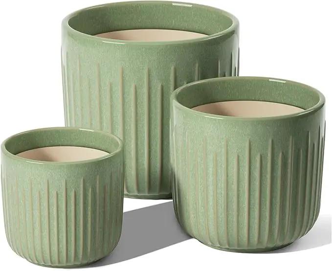 LE TAUCI Ceramic Planters, 8.3+6.9+5.7 Inch Plant Pots for Indoor Plants, Set of 3 Flower Pot with Drainage Holes, Large Round Planters Pot for Indoor House Plants, Reactive Glaze Sage Green by GreenHaven Gardens