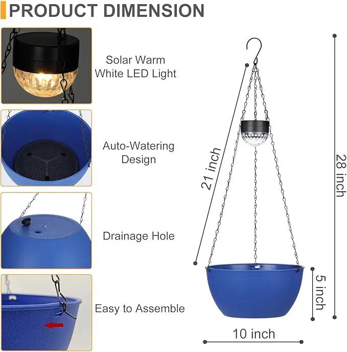 2 Packs Hanging Planters Basket for Outdoor Plants, Solar Powered Self Watering Blue Round Plastic Flower Pots with Drainer for Balcony Patio Garden Outdoor Decoration by GreenHaven Gardens
