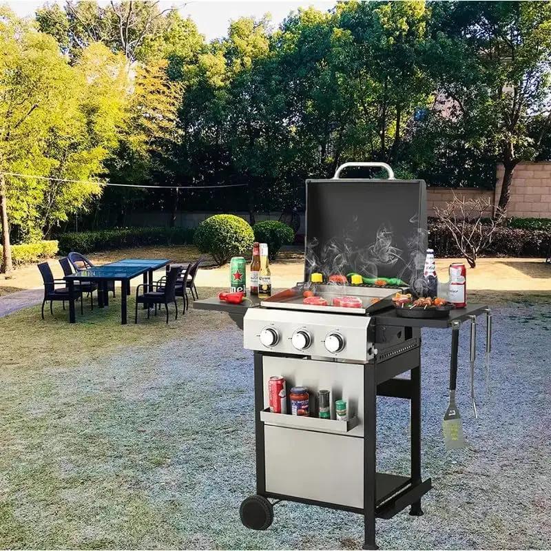 3-Burner Propane Gas Grill, 25,650 BTU Outdoor BBQ Grill with Stainless Steel Warming Rack, Enameled Cooking Grids, Built-in Thermometer & Foldable Side Tables - Portable Design with 6" Wheels by GreenHaven Gardens
