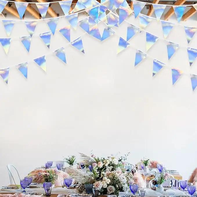 33Ft Iridescent Party Decoration Holographic Fabric Triangle Pennant Banner Flag Cotton Bunting Garland for Birthday Wedding Bridal Shower Bachelorette Engagement Disco Euphoria Galaxy Party Supplies by GreenHaven Gardens