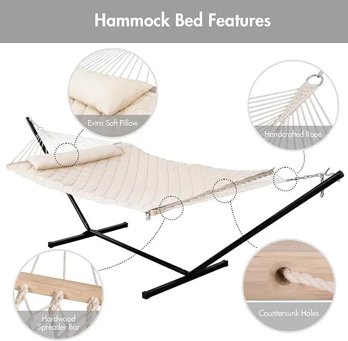 ANOW Heavy Duty Hammock with 12FT Steel Stand Included, Rope Hammock with Detachable Pillow and Pad, 450 LBS Weight Capacity, Cream by GreenHaven Gardens