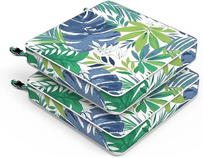 LVTXIII Patio Chair Cushions 22"x22"x3", Water-Repellent Outdoor Seat Cushions for Patio Furniture, Square Chair Pads with Ties for Home Garden Decoration, Set of 2, Islamorada Blue Green by GreenHaven Gardens