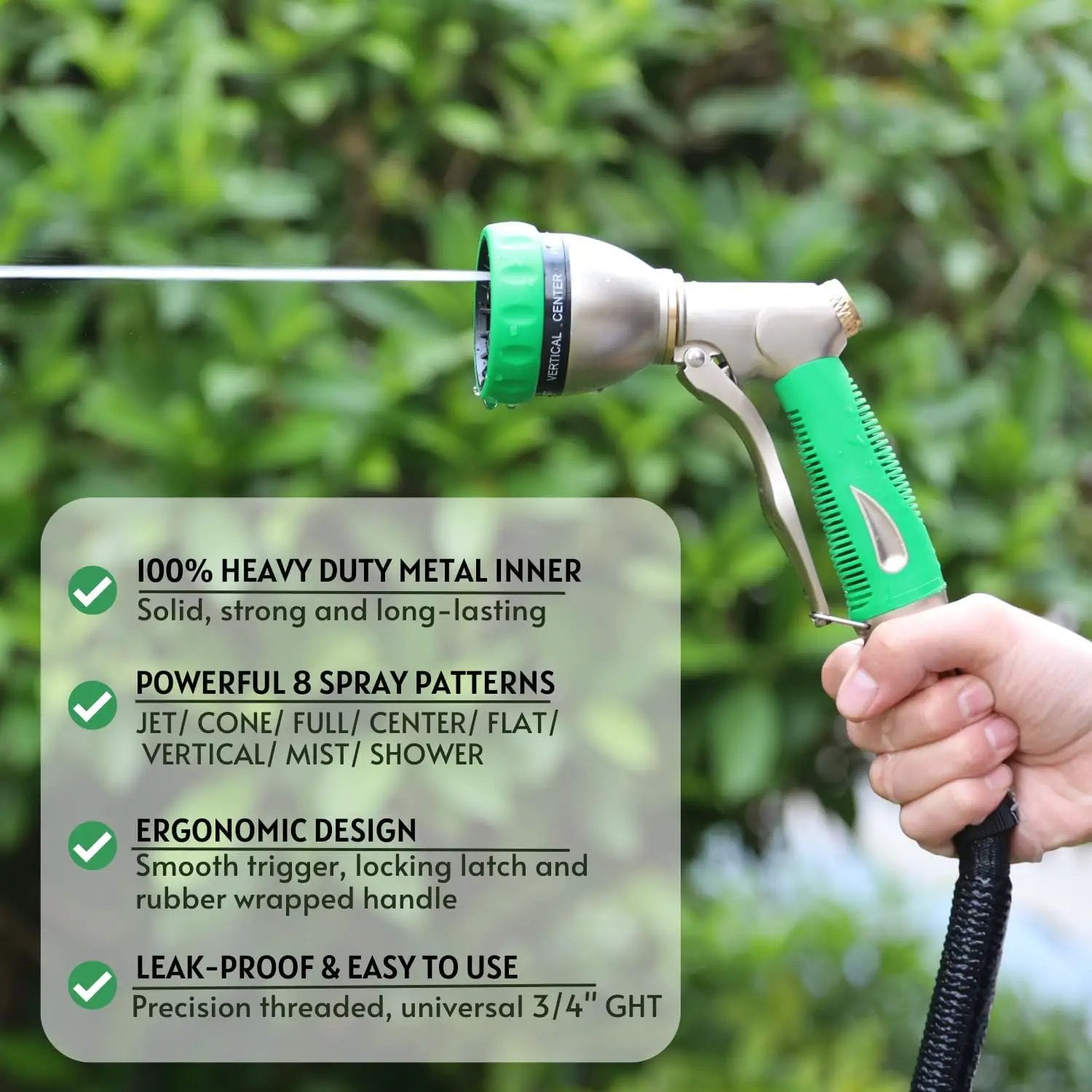 HOSUN Garden Hose Nozzle Sprayer Heavy Duty, 100% Metal Water Hose Nozzle with 8 Spray Patterns, High Pressure Hose Spray Nozzle with Non-Slip Grip for Watering Plant & Lawn, Washing Car & Pet, Green by GreenHaven Gardens