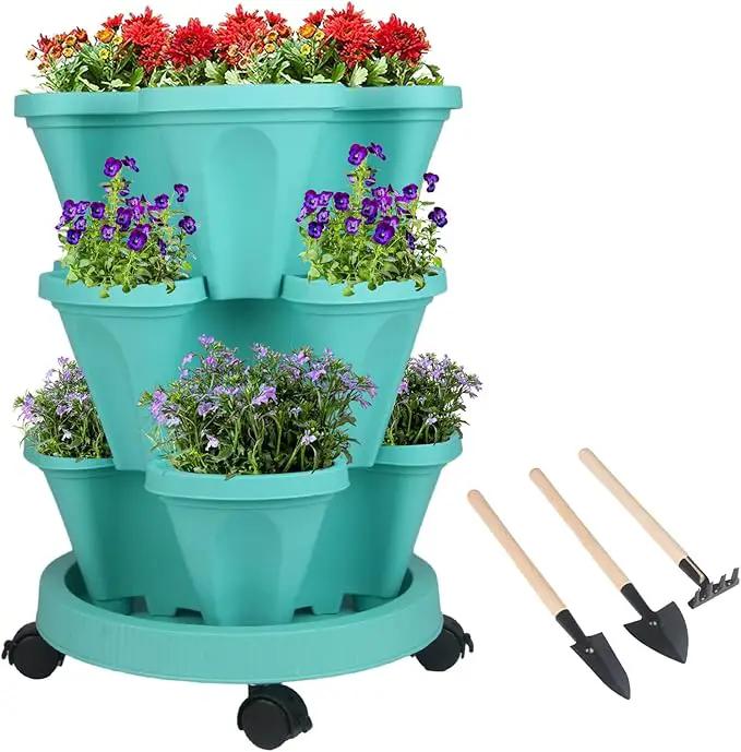 Vertical Planter 3 Tier Stackable Planters Garden Planters Strawberry Herb Flower and Vegetable Planter Indoor Outdoor Gardening Pots with Removable Wheels and Tools by GreenHaven Gardens