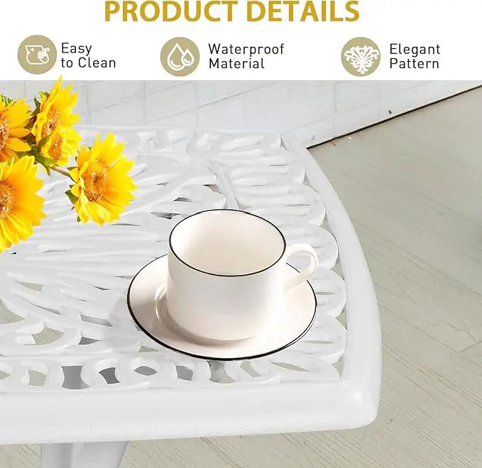Outvita Patio Side Table, 21.3in Outdoor Square Cast Aluminum Bistro Table with Umbrella Hole and Antique Design for Backyard Porch Pool Balcony Deck White by GreenHaven Gardens
