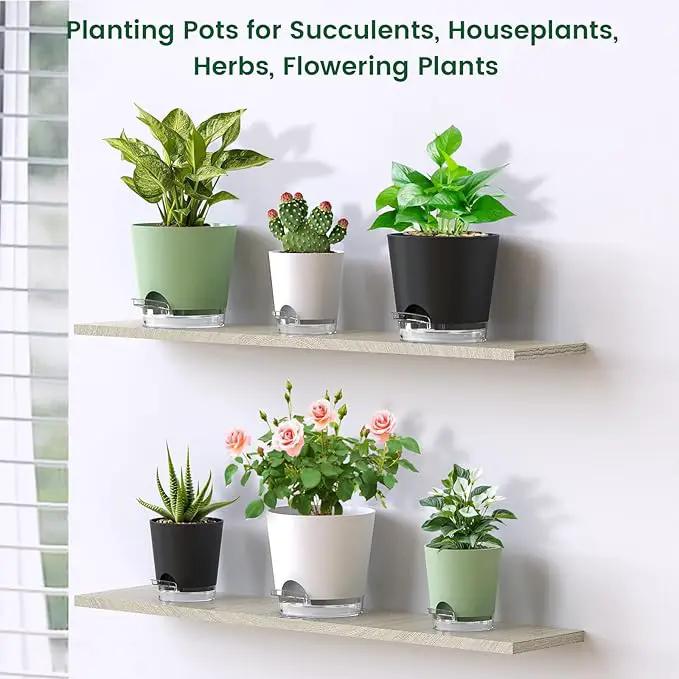 4 inch Self Watering Pots for Indoor Plants, 5 Pack Small Flower Plant Pots with Drainage Holes and Clear Reservoirs, Visible Water Level, Plastic Planters with Wicking Rope, Green by GreenHaven Gardens