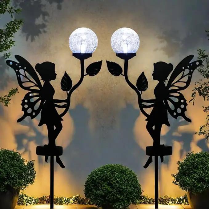 2 Pack Solar Fairy Garden Decor, Metal Fairy Statues with Crackle Glass Globe Solar Garden Lights Outdoor Silhouette Waterproof for Lawn Patio Yard Pathway Gardening Gifts by GreenHaven Gardens