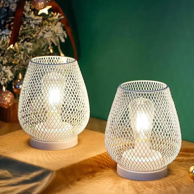 JHY DESIGN Set of 2 Metal Cage LED Lanterns Battery Powered Cordless Accent Light with LED Great for Weddings Parties Patio Events for Indoors Outdoors(White) by GreenHaven Gardens