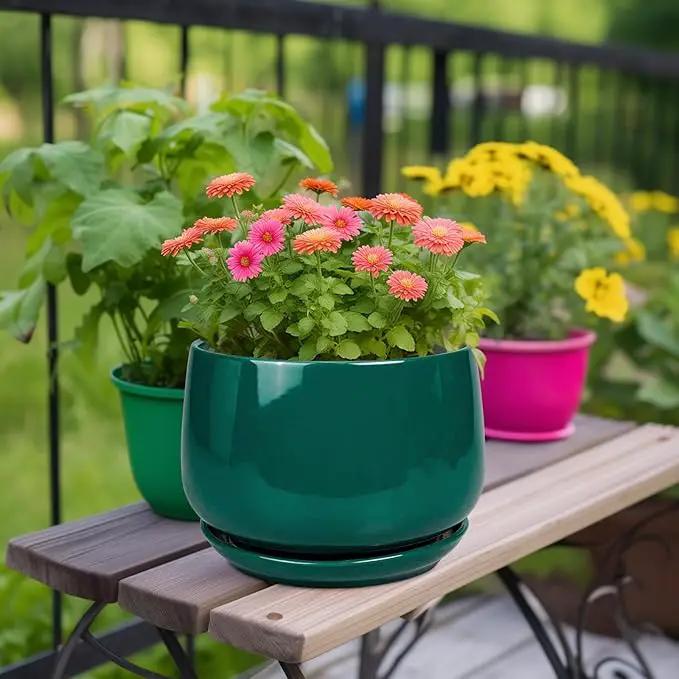 G EPGardening Ceramic Pots for Plants - 9 Inch Ceramic Planter for Indoor Plants, Round Planter with Drainage and Saucer, Modern Flower Pots for Outdoor, House Decor, Garden Gifts, Green by GreenHaven Gardens