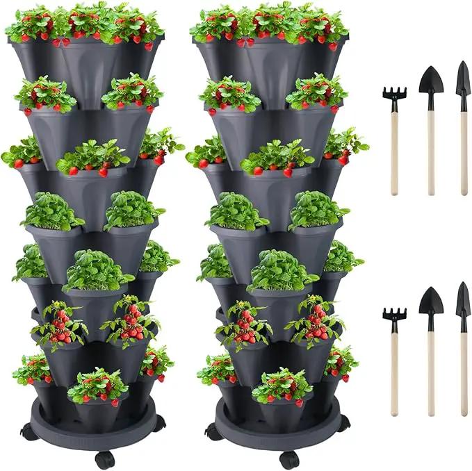 Vertical Planter 7 Tier Stackable Planters Garden Planters Strawberry Herb Flower and Vegetable Planter Indoor Outdoor Gardening Pots with Removable Wheels and Tools by GreenHaven Gardens