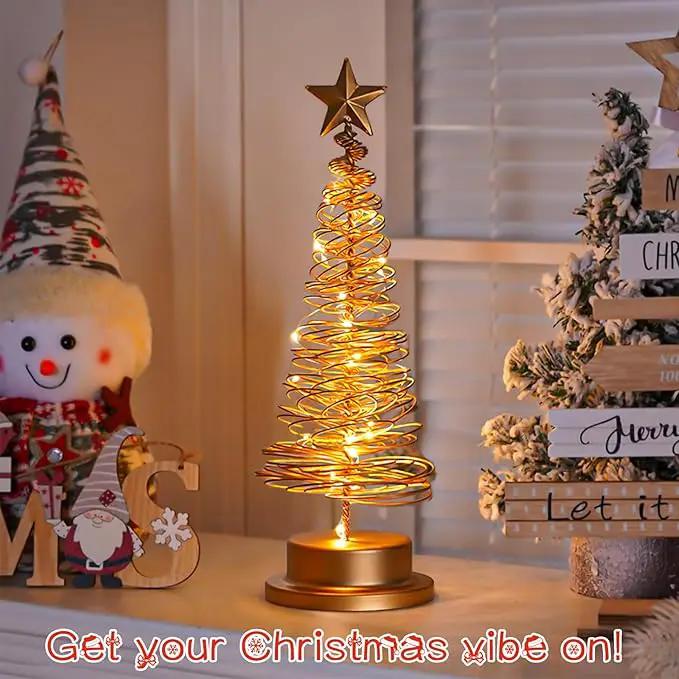 Christmas Tree Lamp, Spiral Christmas Tree with Glittering Star, AA Battery Operated Gold Christmas Tree Light with Metal Stand for Christmas Table Decoration（Batteries not Included） by GreenHaven Gardens