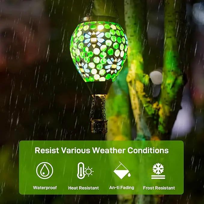 Bee Solar Hot Air Balloon Lantern Outdoor Waterproof, Green Mosaic Glass Hanging Solar Lantern Lights, Outdoor Hanging Lights for Patio Yard Garden Gift for Mom Grandma Women by GreenHaven Gardens