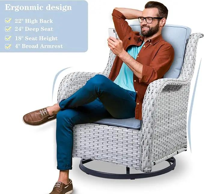 Wicker Patio Furniture Sets - 8 Piece Outdoor Rattan Furniture Conversation Sets with 4 Swivel Rocker Chairs, Rattan Sofa, Wicker Ottomans and Coffee Table, Light Grey/Baby Blue by GreenHaven Gardens