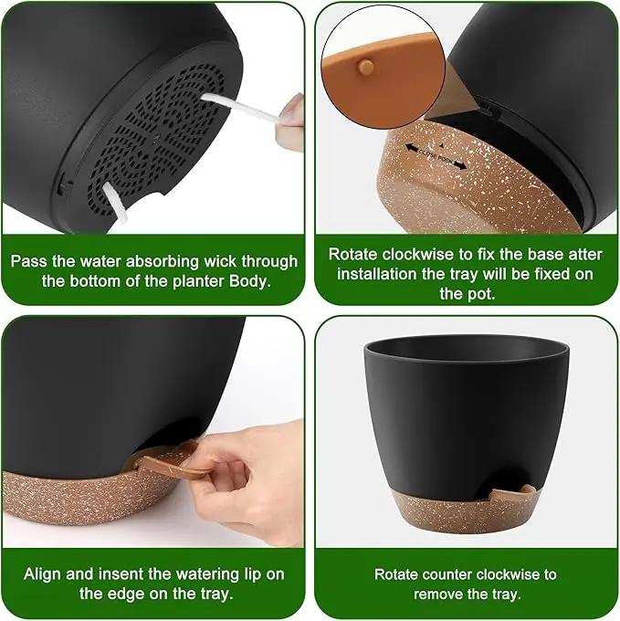 Plant Pots 10/9/8/7.5/7 Inch Self Watering Pots, Set of 5 Plastic Planters with Drainage Holes and Saucers,Plastic Flower Pots,Nursery Planting Pot for Indoor Out Door Plants(Black Brown) by GreenHaven Gardens