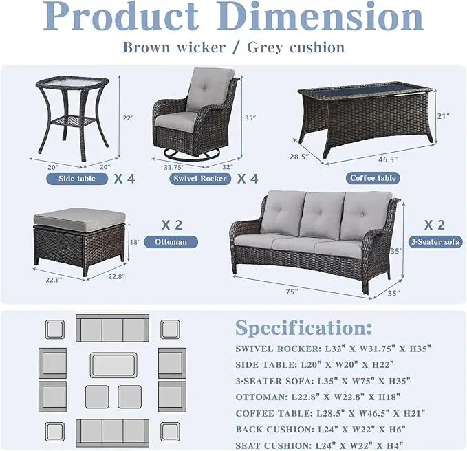 Wicker Patio Furniture Sets - 13 Piece Outdoor Rattan Furniture Conversation Sets with 4 Swivel Rocker Chairs, 2 Rattan Sofas, Wicker Ottomans and Coffee Table, Brown/Grey by GreenHaven Gardens