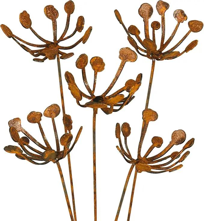 Metal Flower Arrangement 3 or 5-Piece Set, Rusty Finish, Made in USA (Set of 5) by GreenHaven Gardens