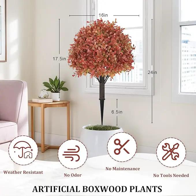 24" Tall Artificial Boxwood Ball Fall Topiary Trees Set of 2, UV Resistant Large Faux Plants Outdoor, 2ft Fake Bushes and Shrubs Look Real with Stake for Front Porch Outside Planter Backyard Decor by GreenHaven Gardens