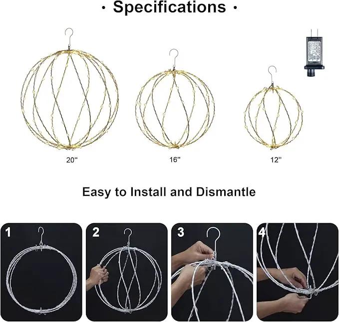 LIGHTSHARE 248LED 12IN+16IN+20IN Light Ball Yard Decoration Pathway Lights White Sphere Light Fold Flat Metal Frame Indoor Outdoor Waterproof Garden Lights, Plug in(Set of 3) by GreenHaven Gardens