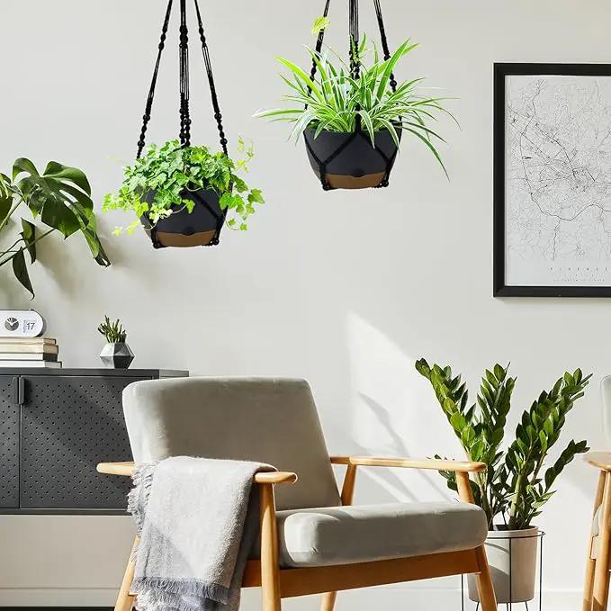 2 Pack Hanging Planters Set,10 Inch Indoor Outdoor Hanging Plant Pot Basket,Hanging Flower Pot with Drainage Hole with 3 Hooks for Garden Home… (Black Hanger Black Planters) by GreenHaven Gardens