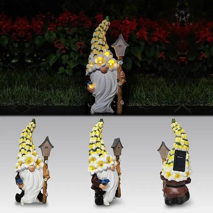Solar Gnome Statue with Flower Hat - Solar Resin Garden Outdoor Statue Sculpture,Whimsical Gnome Figurine for Woman Gift Home and Garden Decor by GreenHaven Gardens