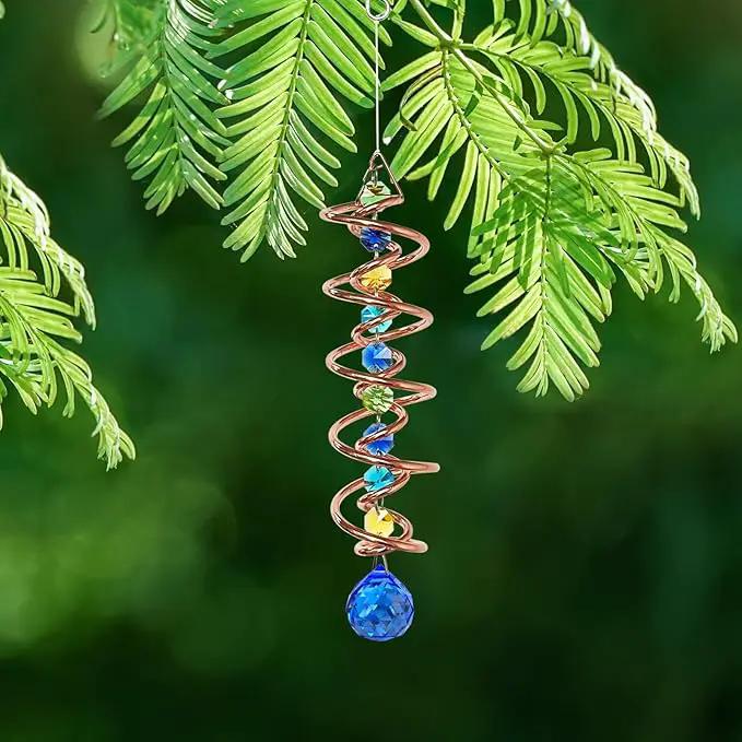 FONMY Gazing Ball Spiral Tail -Decorative Wind Spinner Sun Catcher Rainbow Maker Copper Double-Spiral W/Sea Blue Crystal Ball and Chain Crystals Beads for Indoor Outdoor Garden Decoration -14 inch H by GreenHaven Gardens