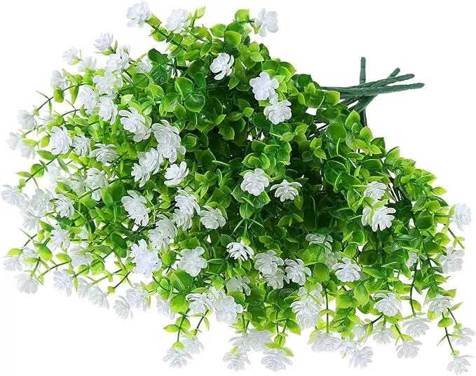 Artificial Plants Flowers Grass Shrubs 8 Pack No Fade Faux Plastic Flowers Outdoor for Vases Farmhouse Garden Porch Patio Office Indoor Wedding Decoration Greenery Fake Plants (2#White) by GreenHaven Gardens