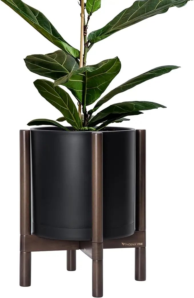 D'vine Dev Planter Pot with Stand - 12 Inch Plastic Cylinder Flower Pot with Wood Planter Holder for Indoor, Matte Black Pot + Walnut Color Stand, 55-C-O-2 by GreenHaven Gardens