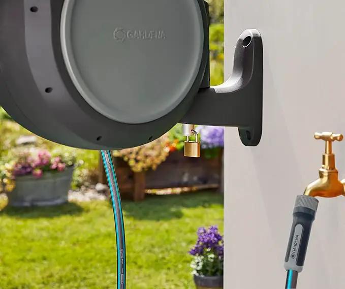 GARDENA 20505, 100' Retractable Garden Hose Reel with US Hose Threads - 100' x 1/2" hose, Automatic Retraction & Length Lock for Easy Watering. Heavy Duty Swivel Bracket 180°, Includes Nozzle. by GreenHaven Gardens