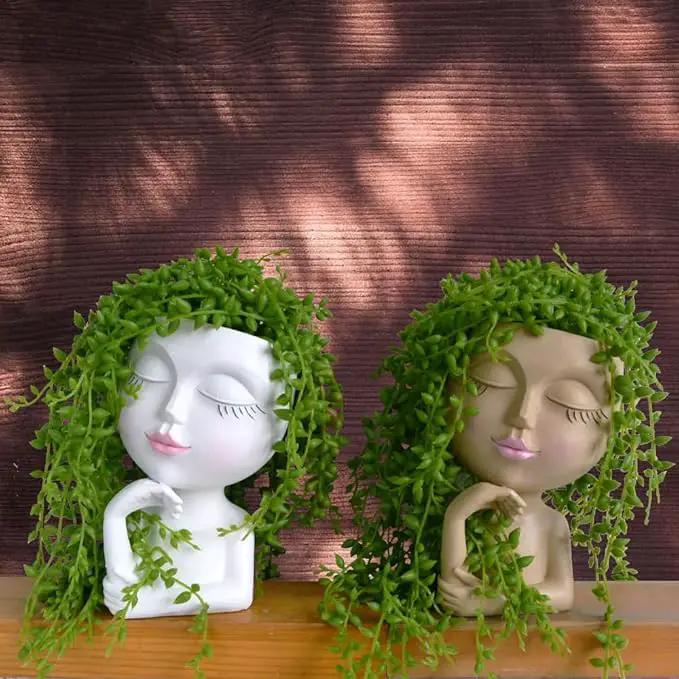 Face Planters Pots Head Planter, Plant Pots with Heads for Plants, Lady Statue Plant Pot, Unique Flower Pots with Drainage, Thinking Women Statue, Boho Vase, Cute Vases Home Decor Gift (7 Inch Khaki) by GreenHaven Gardens