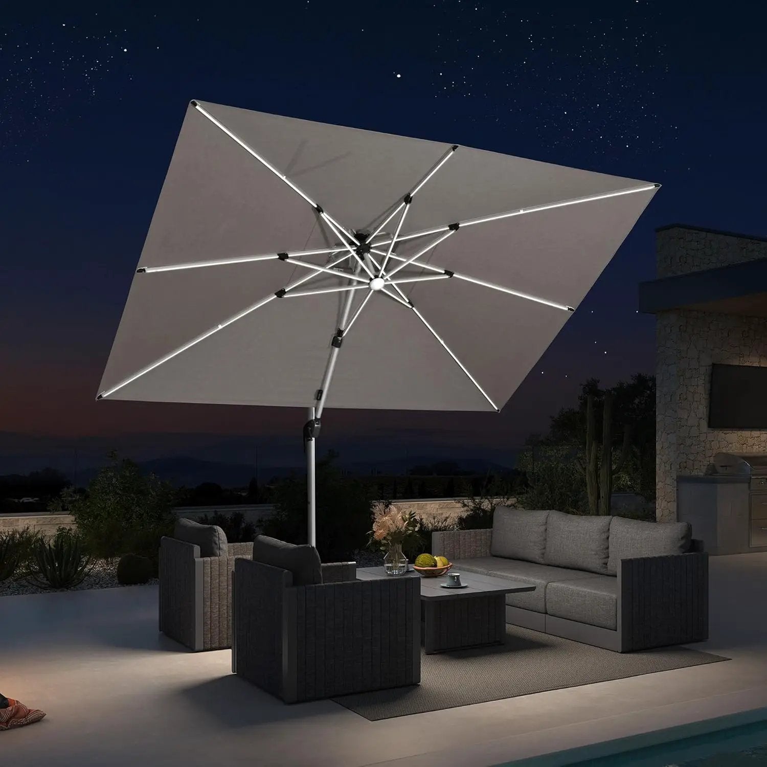 PURPLE LEAF 10' X 10' Solar Powered LED Patio Large Umbrella Offset Double Top Hanging Umbrella Outdoor Market Umbrella for Garden, Heather Taupe by GreenHaven Gardens