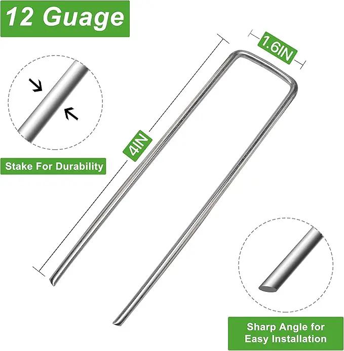 Landscape Staples 4 Inch 100pcs 11 Gauge Garden Stakes, Heavy Duty Galvanized Garden Staple for Fences, Lawns, Weed Barriers, and Landscape Fabrics, Netting, Irrigation Hose, Floor Mats by GreenHaven Gardens