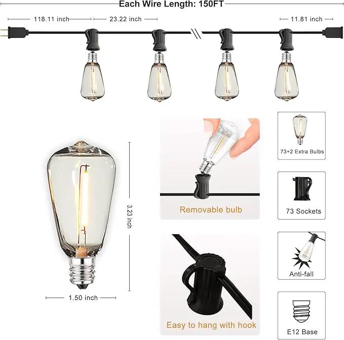 DAMAING Outdoor String Lights 150 FT Patio Lights String with 75 Dimmable ST38 Plastic LED Bulbs,Vintage Shatterproof Edison String Lights Waterproof for Bistro Balcony Backyard and Gazobos. by GreenHaven Gardens