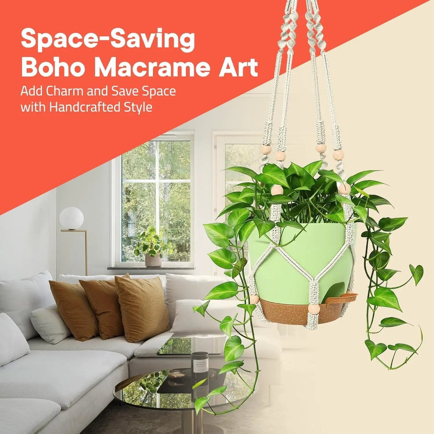 Macrame Plant Hangers for Indoor and Outdoor Use, Set of 3 Hanging Plant Pots Holders with Hooks, Ivory Cotton Rope, Tassel-Free, Fits 6" to 10" Pots, Rope Lengths 35", 26", 20", (No Pots Included) by GreenHaven Gardens