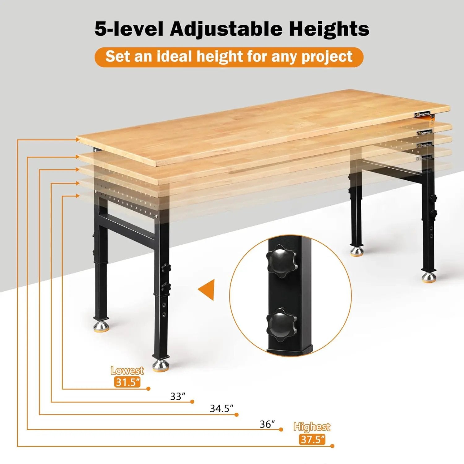 60" Heavy-Duty Adjustable Workbench for Garage, Rubber Wood Shop Table W/Double Pegboards & Drawer,Hardwood Workstation Weight Capacity Over 2000 Lbs by GreenHaven Gardens