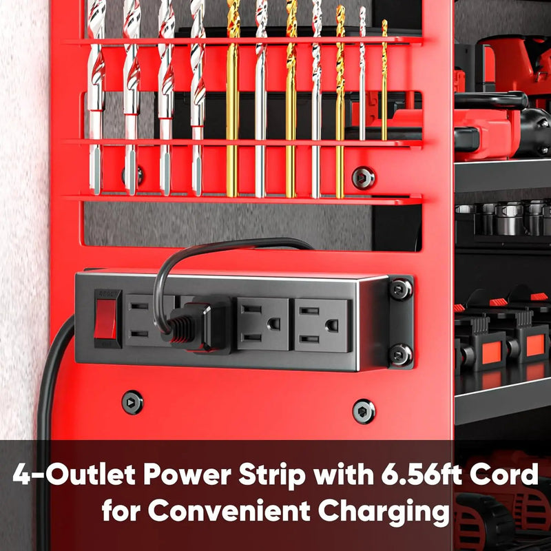 Large Power Tool Organizer Wall Mount with Charging Station,4 Layer Heavy Duty Metal Tool Storage Shelf Loads 600lbs,Battery Utility Rack With 4 Outlet Power Strip with 8 Cordless Drill Holder by GreenHaven Gardens