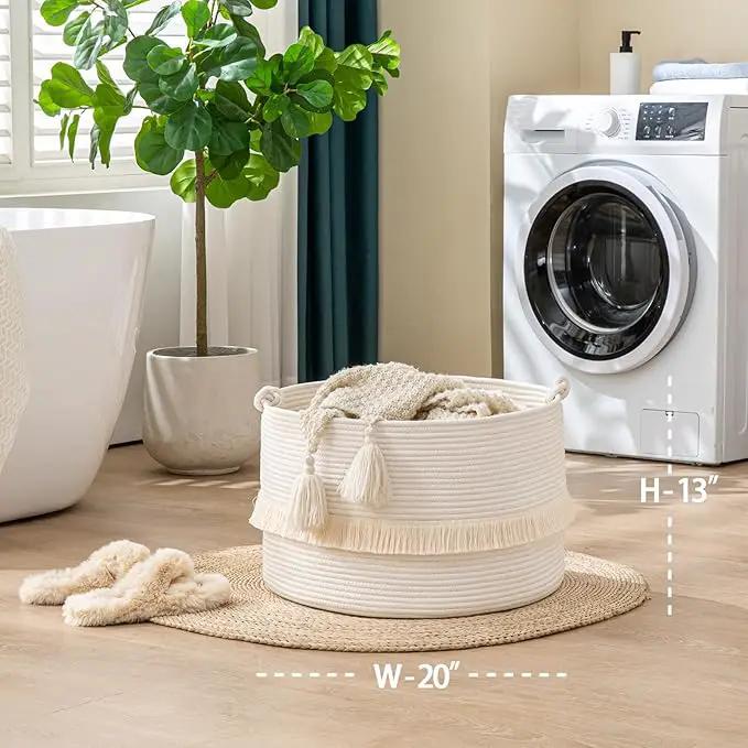 KAKAMAY Large Blanket Basket (20"x13"),Woven Baskets for storage Baby Laundry Hamper, Cotton Rope Blanket Basket for Living Room, Laundry, Nursery, Pillows, Baby Toy chest (White) by GreenHaven Gardens