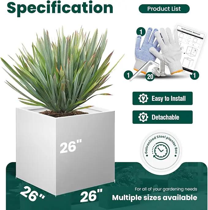 White Steel Planter Square Outdoor Planters Galvanized Steel Planter Box Indoor Metal Large Planters Cube Heavy Duty Flower Pot 26 Inch Modern Commercial Residential for Trees Patio Deck Yard Garden by GreenHaven Gardens