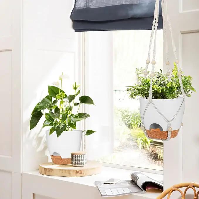 GARDIFE 8 Inch Hanging Planters with Macrame Plant Hanger for Indoor and Outdoor Plants, 2 Pack Large Self Watering Hanging Plant Pot with Basket Flower Pot with Drainage Hole, White by GreenHaven Gardens