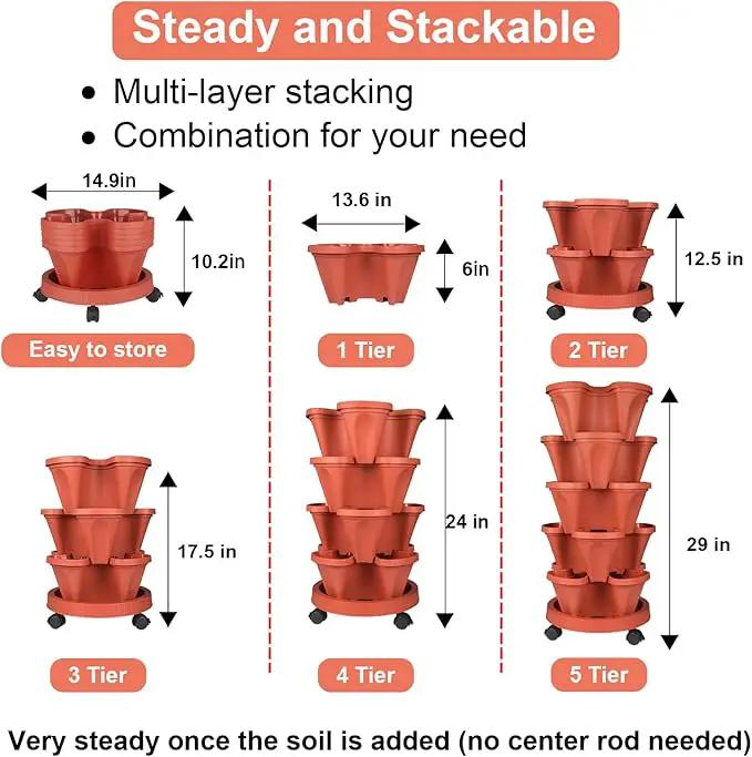Vertical Planter 5 Tier Stackable Planters Garden Planters Strawberry Herb Flower and Vegetable Planter Indoor Outdoor Gardening Pots with Removable Wheels and Tools by GreenHaven Gardens