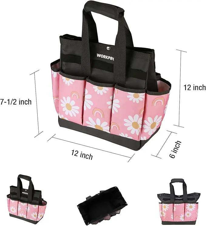 WORKPRO Garden Tool Bag, 9 Pockets Gardening Bag, Heavy Duty Oxford Garden Tote Caddy (Tools NOT Included), 12" x 12" x 6"-Pink Ribbon by GreenHaven Gardens